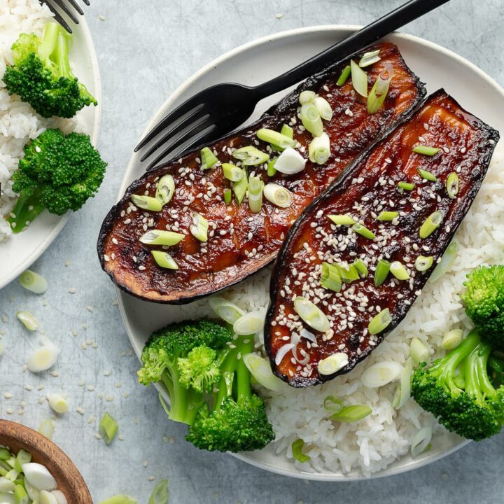 Miso aubergine with spring onion and sesame seeds