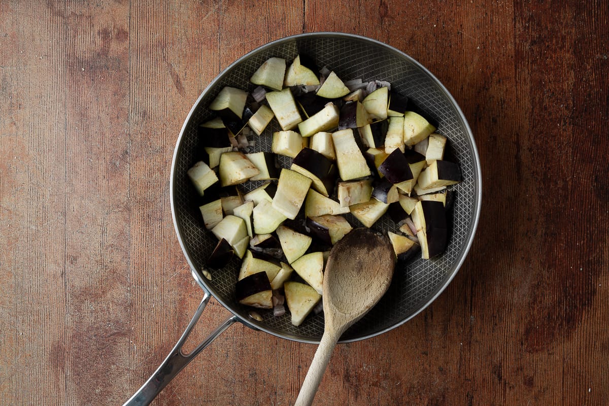 aubergine cooking in pan