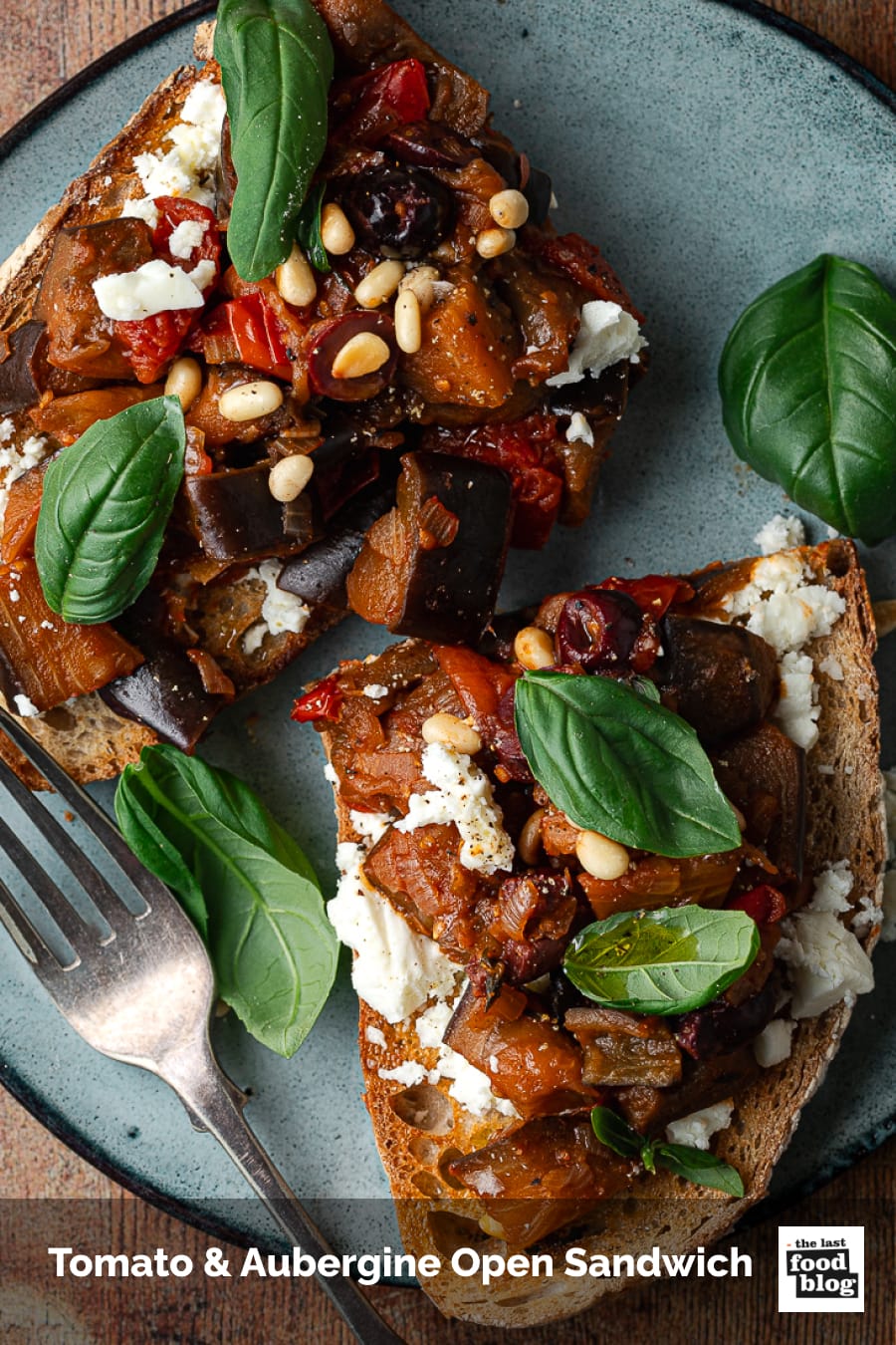 Tomato with aubergine on sourdough bread with basil and feta